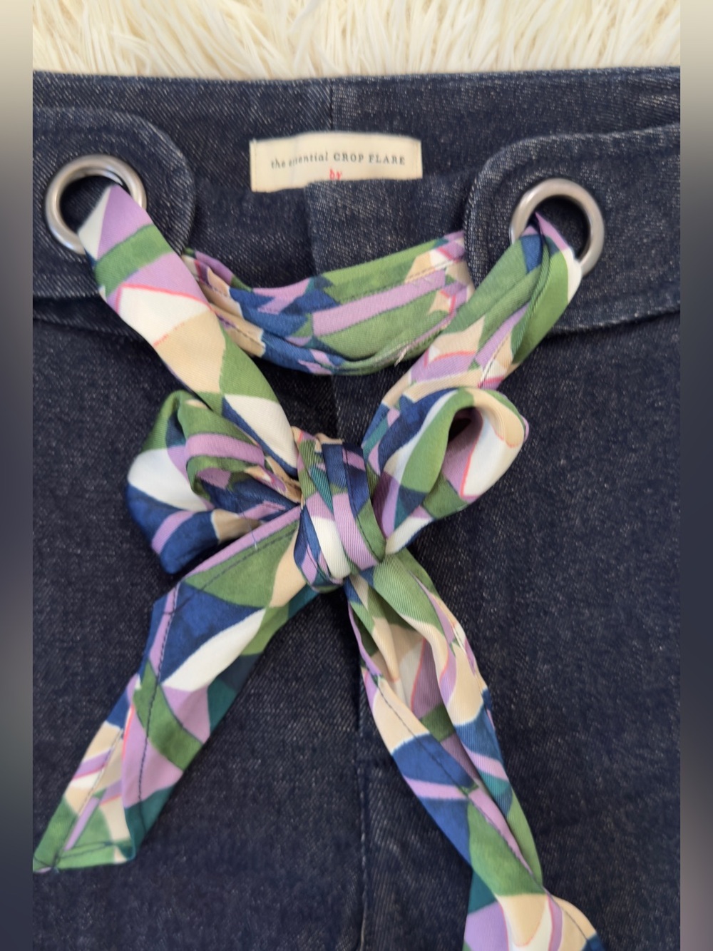 Anthropologie High-Rise Dark Indigo Jeans with Multicolor Geometric Tie - Picture 5 of 8